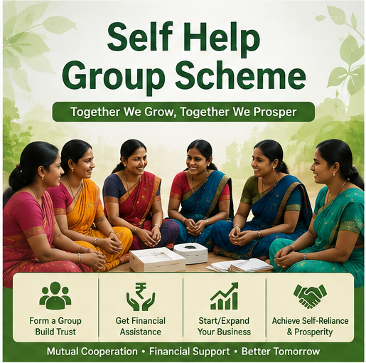 Self Help Group Scheme poster: together we grow, together we prosper. Form a group and build trust, get financial assistance, start or expand your business, and achieve self-reliance and prosperity through mutual cooperation.