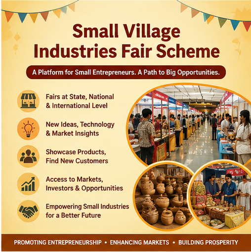 Small Village Industries Fair Scheme poster: a platform for small entrepreneurs and a path to big opportunities, with fairs at state, national and international level bringing new ideas and technology.
