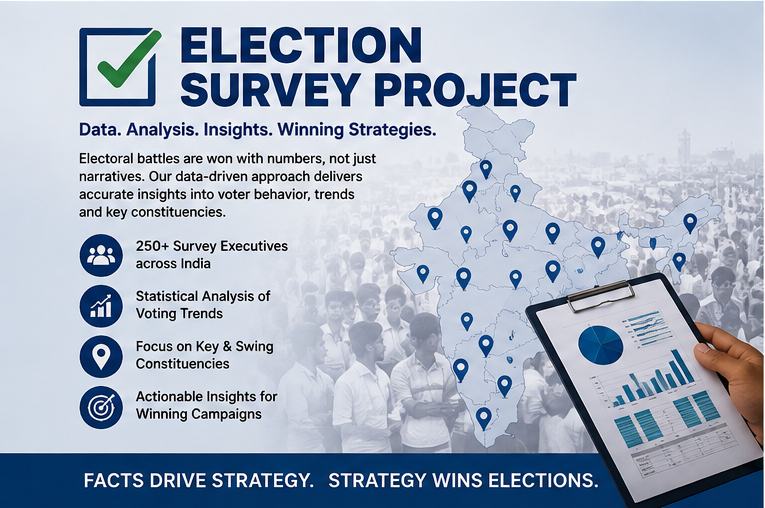 Election Survey Project poster: data, analysis and insights for winning strategies. Over 250 survey executives across India, statistical analysis of voting trends, focus on key and swing constituencies, and actionable insights for campaigns.