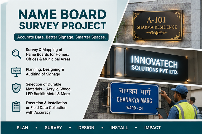 Name Board Survey Project poster: survey and mapping of name boards for homes, offices and municipal areas, plus planning, designing and auditing of signage, selection of durable materials including acrylic, wood and LED backlit metal, and execution with field data collection.