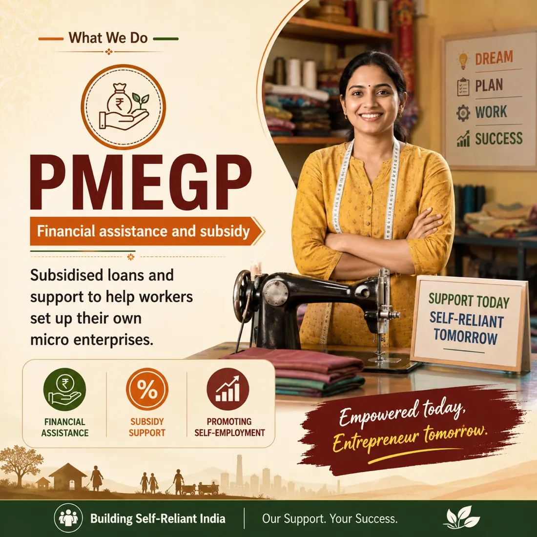 PMEGP: financial assistance and subsidy. Subsidised loans and support to help workers set up their own micro enterprises, covering financial assistance, subsidy support and promoting self-employment.